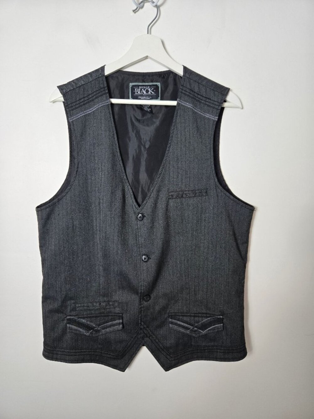Buckle Black Men's Size L Charcoal Gray Lined Waistcoat Vest Contrast Stitching